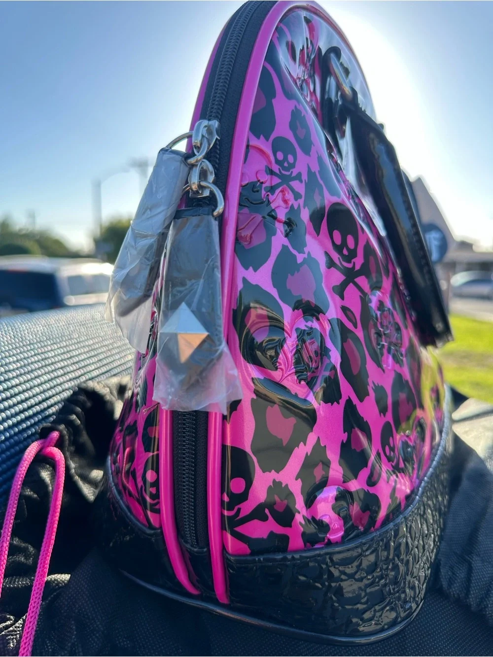 Loungefly Black and Hot Pink Leopard Skull Satchel